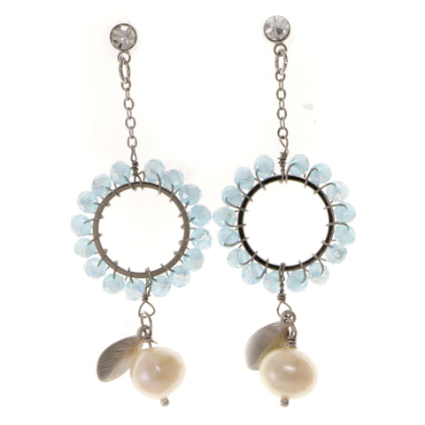 Leaves Drop-Dangle-Earrings With Bead Accents Blue & Gold-Tone Colored #2078