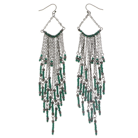 Green & Black Colored Metal Tassel-Earrings With Bead Accents #2090