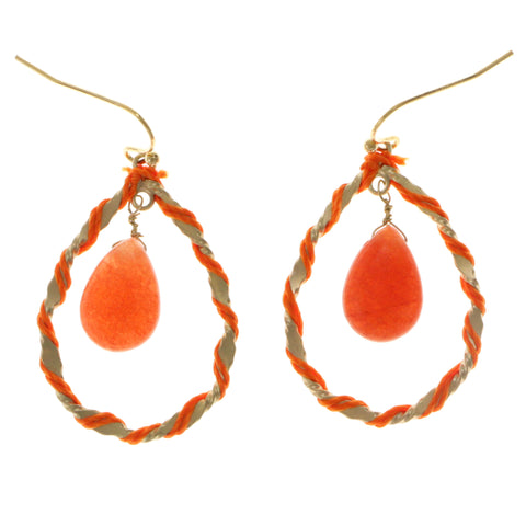 Orange & Gold-Tone Colored Metal Dangle-Earrings With Stone Accents #2098