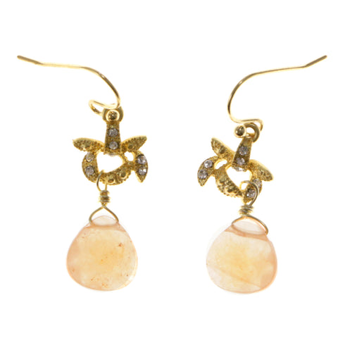 Peach & Gold-Tone Colored Metal Dangle-Earrings With Crystal Accents #2119