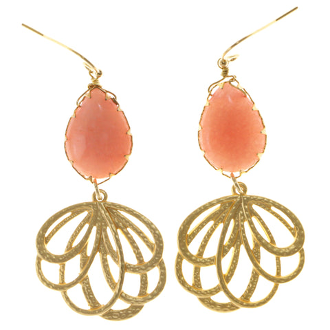 Pink & Gold-Tone Colored Metal Dangle-Earrings With Stone Accents #2136