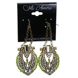 Gold-Tone & Green Colored Metal Dangle-Earrings With Crystal Accents #2166