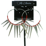 Spike String Hoop-Earrings With Bead Accents Silver-Tone & Red Colored #611