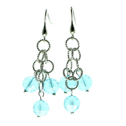 Silver-Tone & Blue Colored Metal Dangle-Earrings With Faceted Accents #613