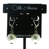 Silver-Tone & White Colored Metal Drop-Dangle-Earrings With Bead Accents #616