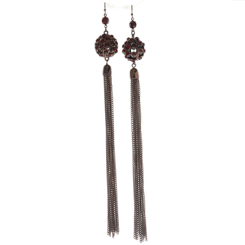 Bronze-Tone & Red Colored Metal Dangle-Earrings With Crystal Accents #622