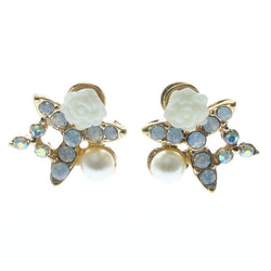 Rose Star Stud-Earrings With Crystal Accents Gold-Tone & White Colored #638