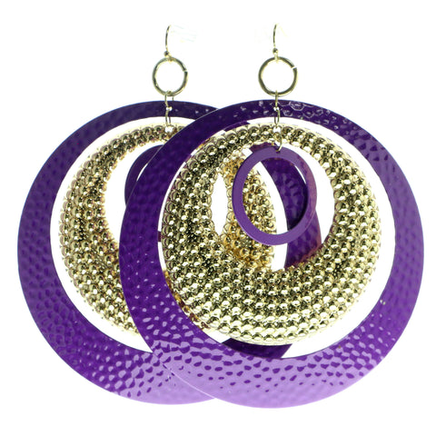 Gold-Tone & Purple Colored Metal Hoop-Earrings #654