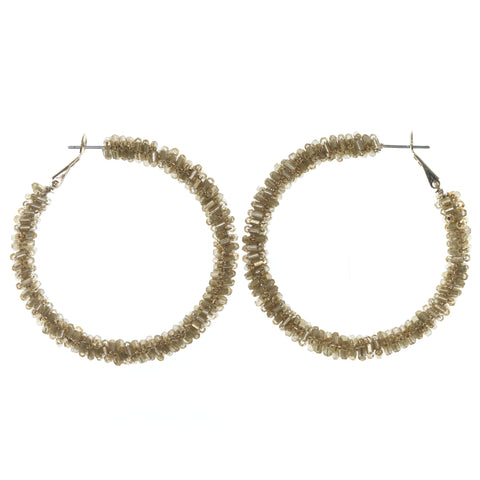 Brown & Gold-Tone Colored Metal Hoop-Earrings With Bead Accents #675