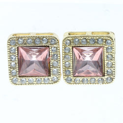 Gold-Tone & Pink Colored Metal Stud-Earrings With Crystal Accents #684