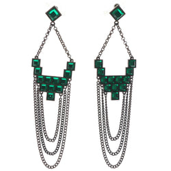 Bronze-Tone & Green Colored Metal Dangle-Earrings With Crystal Accents #694