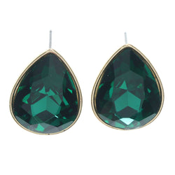 Green & Gold-Tone Colored Metal Stud-Earrings With Crystal Accents #701