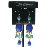 Gold-Tone & Blue Colored Metal Dangle-Earrings With Faceted Accents #713