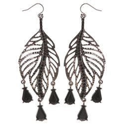 Dangle Leaf Earrings With Bead Accents Silver-Tone & Black Colored #718