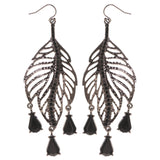 Dangle Leaf Earrings With Bead Accents Silver-Tone & Black Colored #718