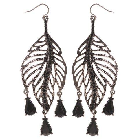 Dangle Leaf Earrings With Bead Accents Silver-Tone & Black Colored #718