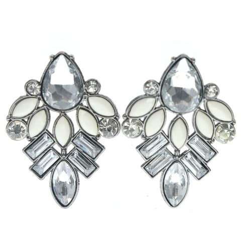 Silver-Tone & White Colored Metal Stud-Earrings With Crystal Accents #719