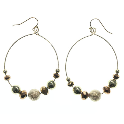 Gold-Tone & Brown Colored Metal Dangle-Earrings With Bead Accents #725