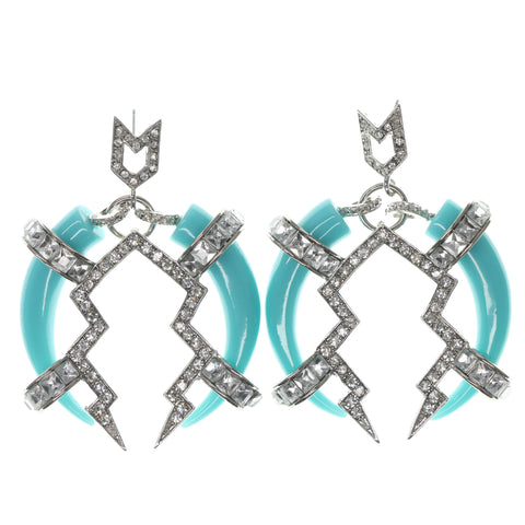 Blue & Silver-Tone Colored Metal Dangle-Earrings With Crystal Accents #726