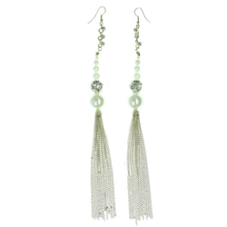 Gold-Tone & White Colored Metal Dangle-Earrings With Bead Accents #727