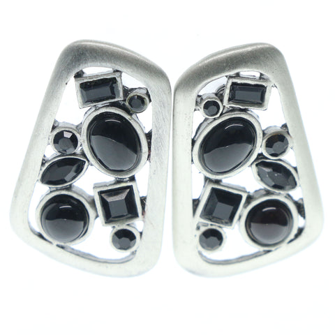 Black & Silver-Tone Colored Metal Stud-Earrings With Bead Accents #748