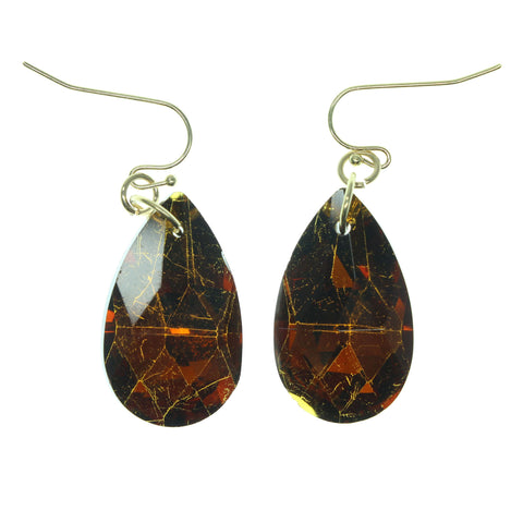 Brown & Gold-Tone Colored Metal Dangle-Earrings With Crystal Accents #763