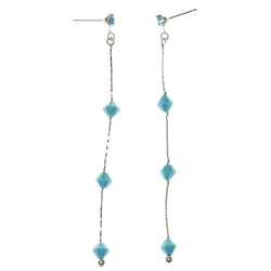 Silver-Tone & Blue Colored Metal Drop-Dangle-Earrings With Crystal Accents #803