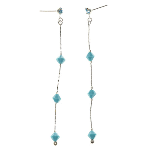 Silver-Tone & Blue Colored Metal Drop-Dangle-Earrings With Crystal Accents #803