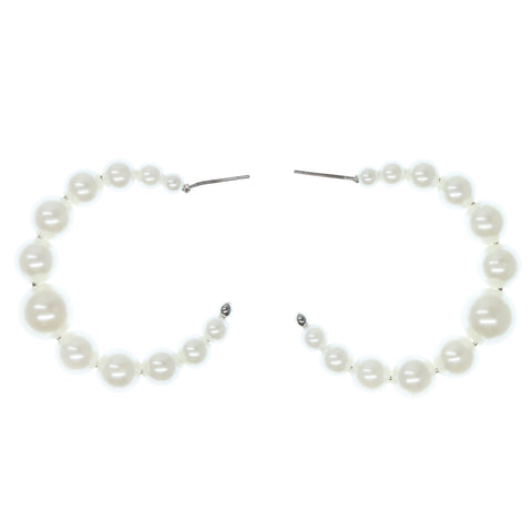White & Silver-Tone Colored Metal Hoop-Earrings With Bead Accents #804