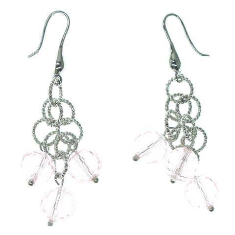 Silver-Tone & Pink Colored Metal Dangle-Earrings With Bead Accents #806