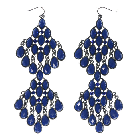 Blue & Silver-Tone Colored Metal Dangle-Earrings With Faceted Accents #814
