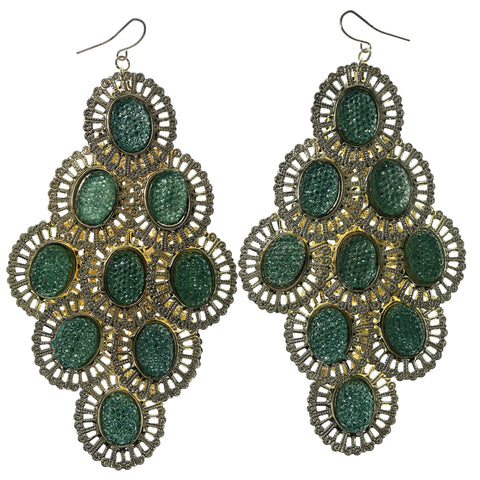 Gold-Tone & Green Colored Metal Chandelier-Earrings With Bead Accents #827