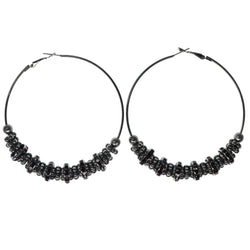 Silver-Tone & Purple Colored Metal Hoop-Earrings With Crystal Accents #845