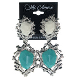 Silver-Tone & Blue Colored Metal Dangle-Earrings With Faceted Accents #858
