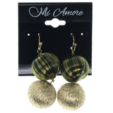 Gold-Tone & Green Colored Fabric Dangle-Earrings With Bead Accents #864