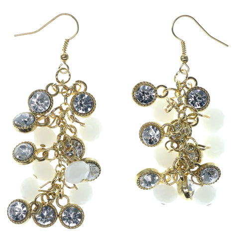 Gold-Tone & White Colored Metal Dangle-Earrings With Crystal Accents #874