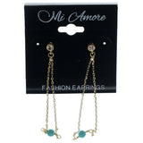 Gold-Tone & Blue Colored Metal Dangle-Earrings With Bead Accents #894