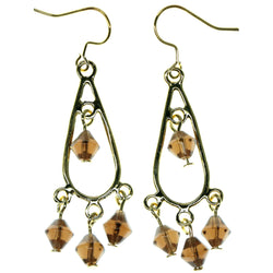 Gold-Tone & Brown Colored Metal Dangle-Earrings With Bead Accents #909