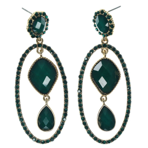 Gold-Tone & Green Colored Metal Dangle-Earrings With Crystal Accents #920
