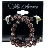 Brown & Gold-Tone Colored Metal Hoop-Earrings With Bead Accents #942