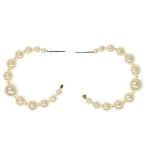White & Gold-Tone Colored Metal Hoop-Earrings With Bead Accents #958