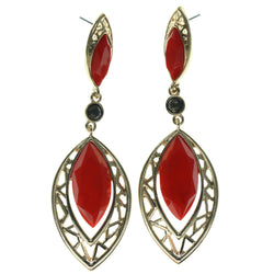 Gold-Tone & Red Colored Metal Dangle-Earrings With Faceted Accents #967