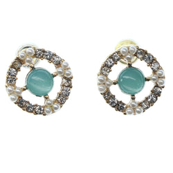 Gold-Tone & Blue Colored Metal Stud-Earrings With Bead Accents #974