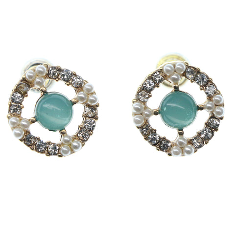 Gold-Tone & Blue Colored Metal Stud-Earrings With Bead Accents #974