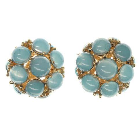 Blue & Gold-Tone Colored Metal Stud-Earrings With Bead Accents #980