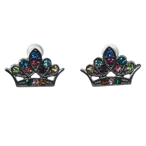 Crown Stud-Earrings With Crystal Accents Silver-Tone & Multi Colored #1005