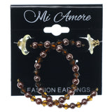 Brown & Silver-Tone Colored Metal Hoop-Earrings With Bead Accents #1020