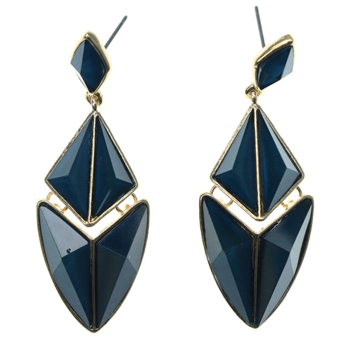 Blue & Gold-Tone Colored Metal Dangle-Earrings With Crystal Accents #1028