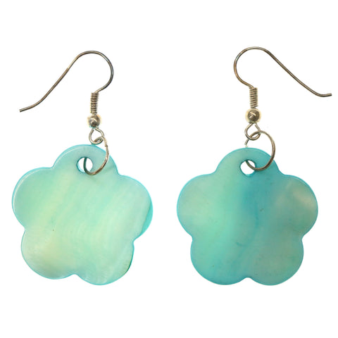 Shell Flower Dangle-Earrings Blue & Silver-Tone Colored #1044