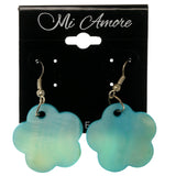 Shell Flower Dangle-Earrings Blue & Silver-Tone Colored #1044